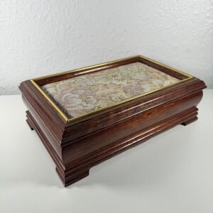 Vintage Wooden Jewelry Box Glass Lid Ring Organizer 10x6.5